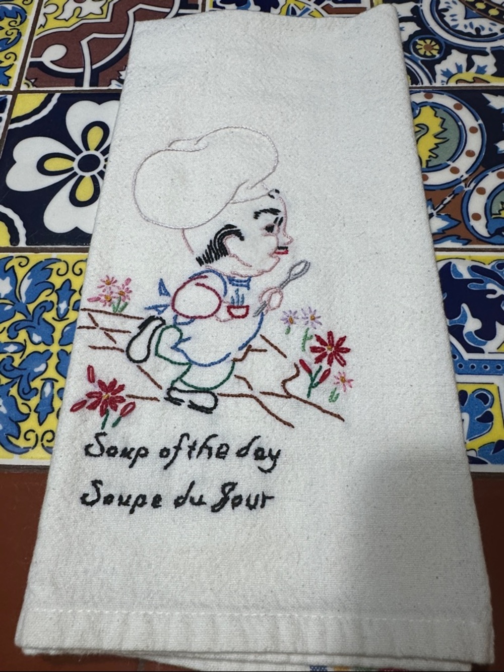 Vintage 
Embroidered Chef Tea Towel - 'Soup of the Day'